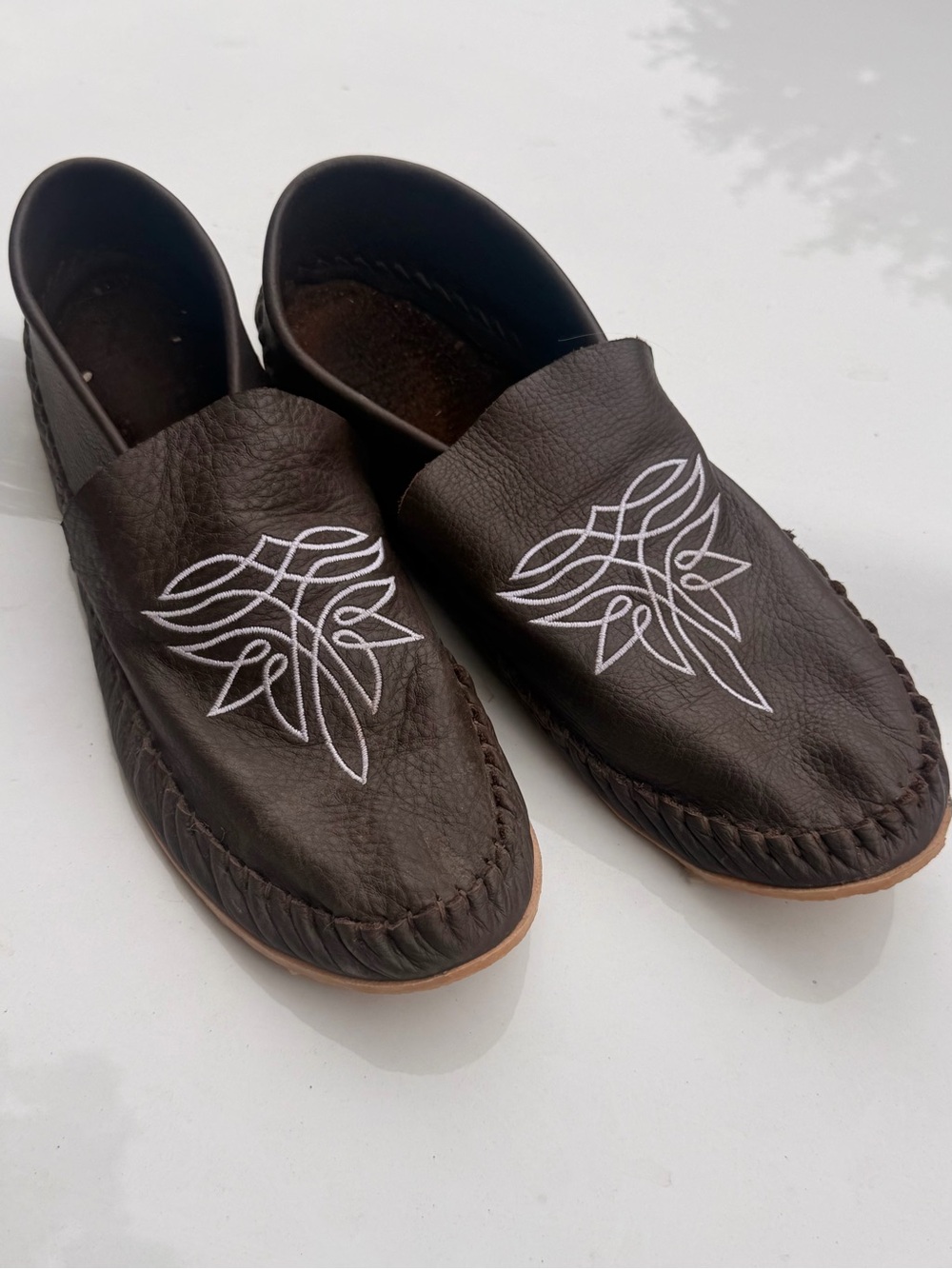 Women's Brown Western Leather Loafer Moccasins with Boot Style Embroidery Detail